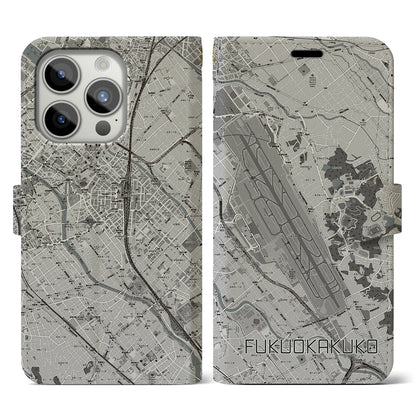【福岡空港（福岡県）】地図柄iPhoneケース（手帳タイプ）モノトーン・iPhone 15 Pro 用