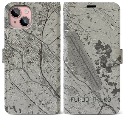【福岡空港（福岡県）】地図柄iPhoneケース（手帳タイプ）モノトーン・iPhone 15 Plus 用