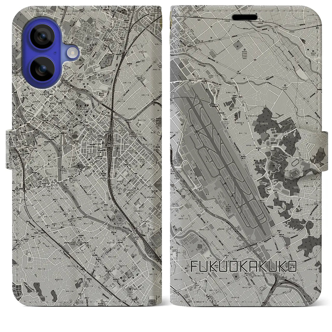 【福岡空港(福岡県)】地図柄iPhoneケース(手帳タイプ)モノトーン・iPhone 16 Pro Max 用