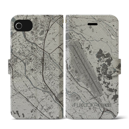【福岡空港（福岡県）】地図柄iPhoneケース（手帳タイプ）モノトーン・iPhone SE（第3 / 第2世代） / 8 / 7 / 6s / 6 用