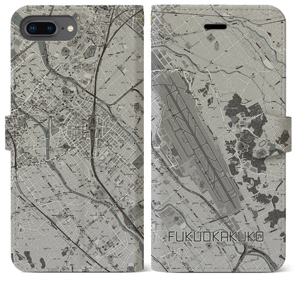【福岡空港（福岡県）】地図柄iPhoneケース（手帳タイプ）モノトーン・iPhone 8Plus /7Plus / 6sPlus / 6Plus 用