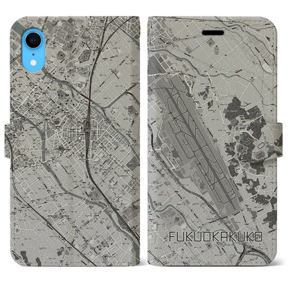 【福岡空港（福岡県）】地図柄iPhoneケース（手帳タイプ）モノトーン・iPhone XR 用
