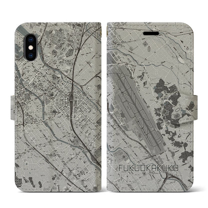 【福岡空港（福岡県）】地図柄iPhoneケース（手帳タイプ）モノトーン・iPhone XS / X 用