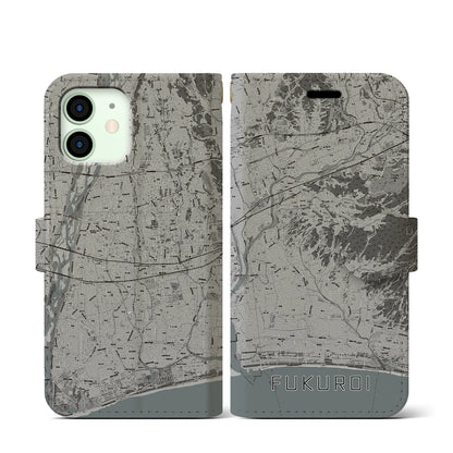 【袋井（静岡県）】地図柄iPhoneケース（手帳タイプ）モノトーン・iPhone 12 mini 用