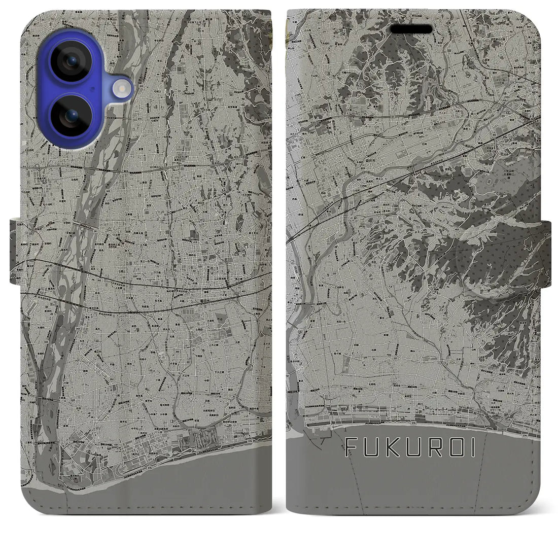 【袋井(静岡県)】地図柄iPhoneケース(手帳タイプ)モノトーン・iPhone 16 Pro Max 用