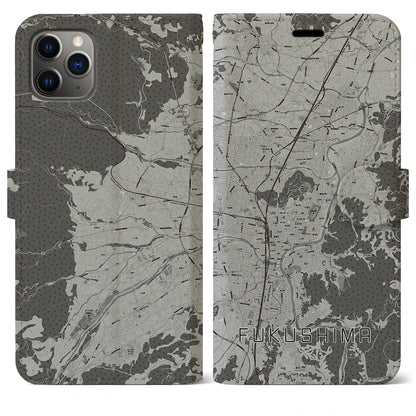 【福島（福島県）】地図柄iPhoneケース（手帳タイプ）モノトーン・iPhone 11 Pro Max 用