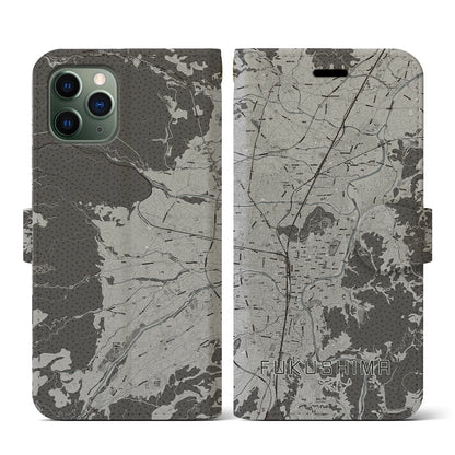 【福島（福島県）】地図柄iPhoneケース（手帳タイプ）モノトーン・iPhone 11 Pro 用