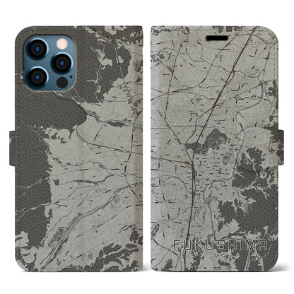 【福島（福島県）】地図柄iPhoneケース（手帳タイプ）モノトーン・iPhone 12 / 12 Pro 用