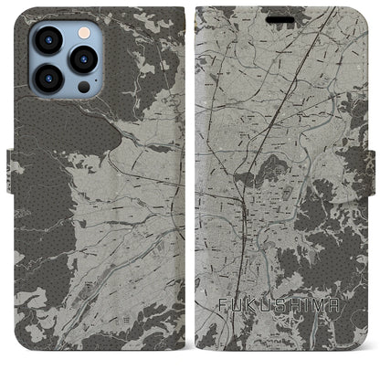 【福島（福島県）】地図柄iPhoneケース（手帳タイプ）モノトーン・iPhone 13 Pro Max 用