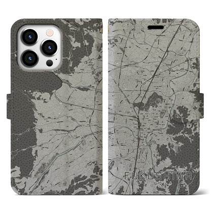 【福島（福島県）】地図柄iPhoneケース（手帳タイプ）モノトーン・iPhone 13 Pro 用