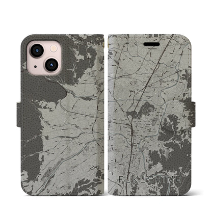 【福島（福島県）】地図柄iPhoneケース（手帳タイプ）モノトーン・iPhone 13 mini 用