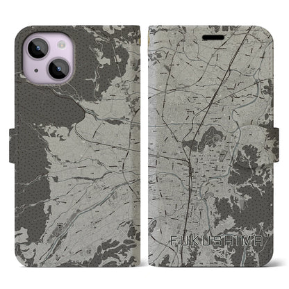 【福島（福島県）】地図柄iPhoneケース（手帳タイプ）モノトーン・iPhone 14 用