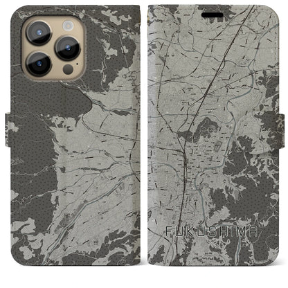 【福島（福島県）】地図柄iPhoneケース（手帳タイプ）モノトーン・iPhone 14 Pro Max 用