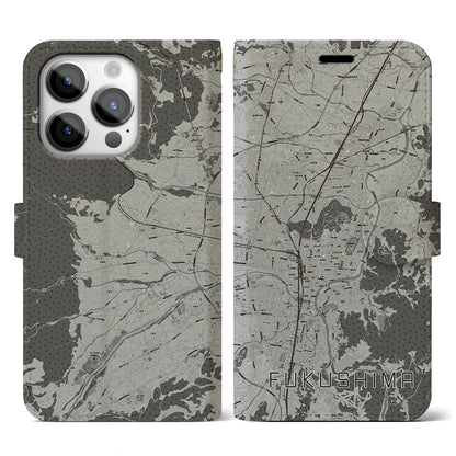 【福島（福島県）】地図柄iPhoneケース（手帳タイプ）モノトーン・iPhone 14 Pro 用