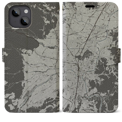【福島（福島県）】地図柄iPhoneケース（手帳タイプ）モノトーン・iPhone 14 Plus 用