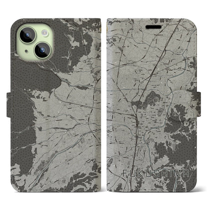 【福島（福島県）】地図柄iPhoneケース（手帳タイプ）モノトーン・iPhone 15 用
