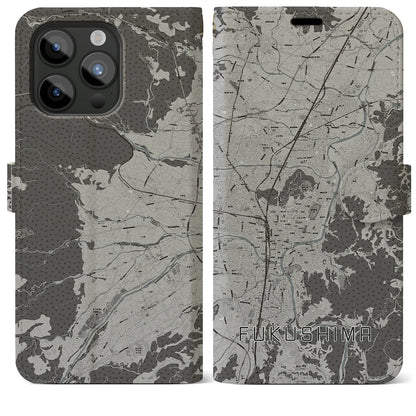【福島（福島県）】地図柄iPhoneケース（手帳タイプ）モノトーン・iPhone 15 Pro Max 用