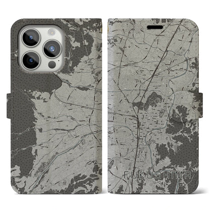 【福島（福島県）】地図柄iPhoneケース（手帳タイプ）モノトーン・iPhone 15 Pro 用