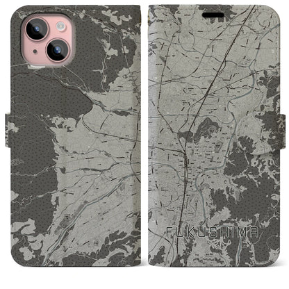 【福島（福島県）】地図柄iPhoneケース（手帳タイプ）モノトーン・iPhone 15 Plus 用