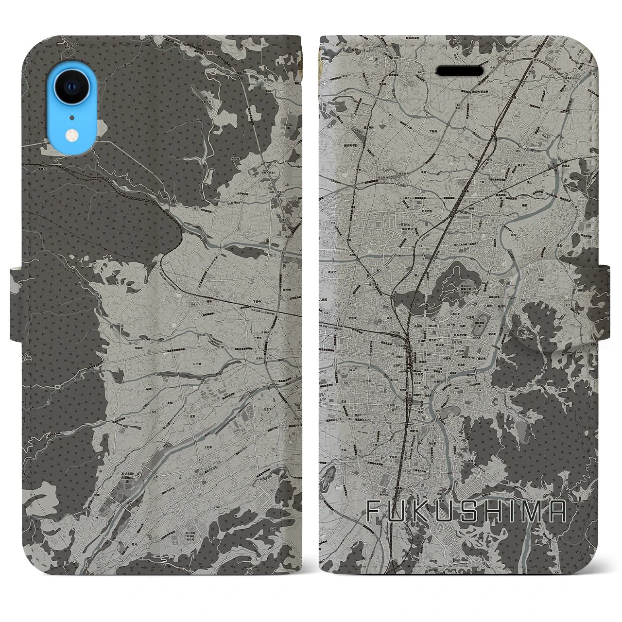 【福島】地図柄iPhoneケース（手帳両面タイプ・モノトーン）iPhone XR 用