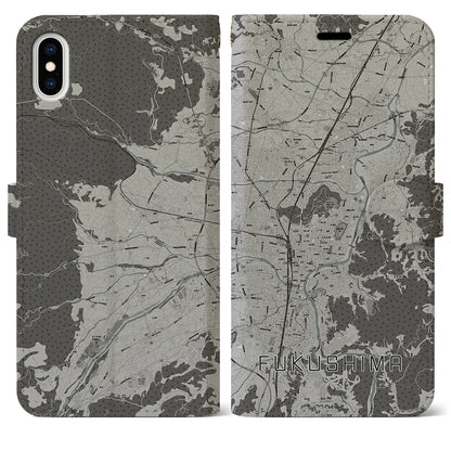【福島（福島県）】地図柄iPhoneケース（手帳タイプ）モノトーン・iPhone XS Max 用