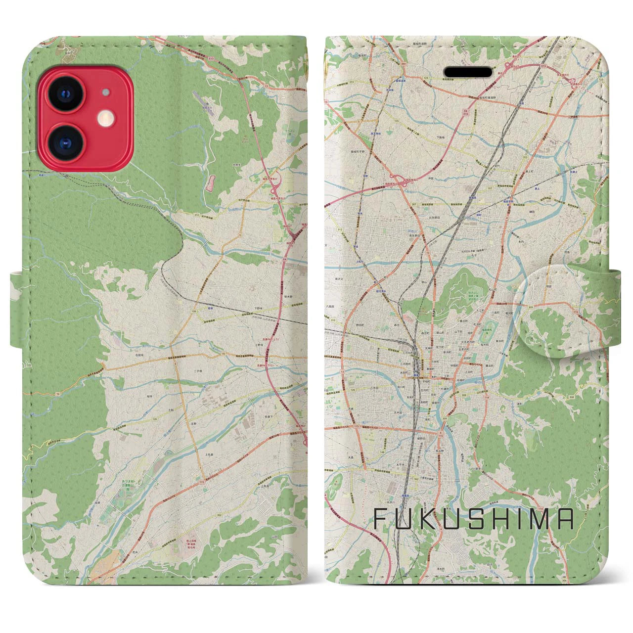 【福島】地図柄iPhoneケース（手帳両面タイプ・ナチュラル）iPhone 11 用