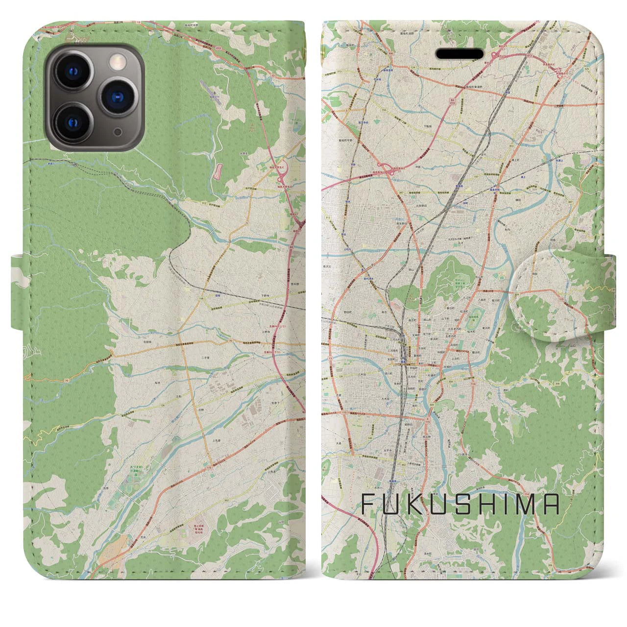 【福島】地図柄iPhoneケース（手帳両面タイプ・ナチュラル）iPhone 11 Pro Max 用