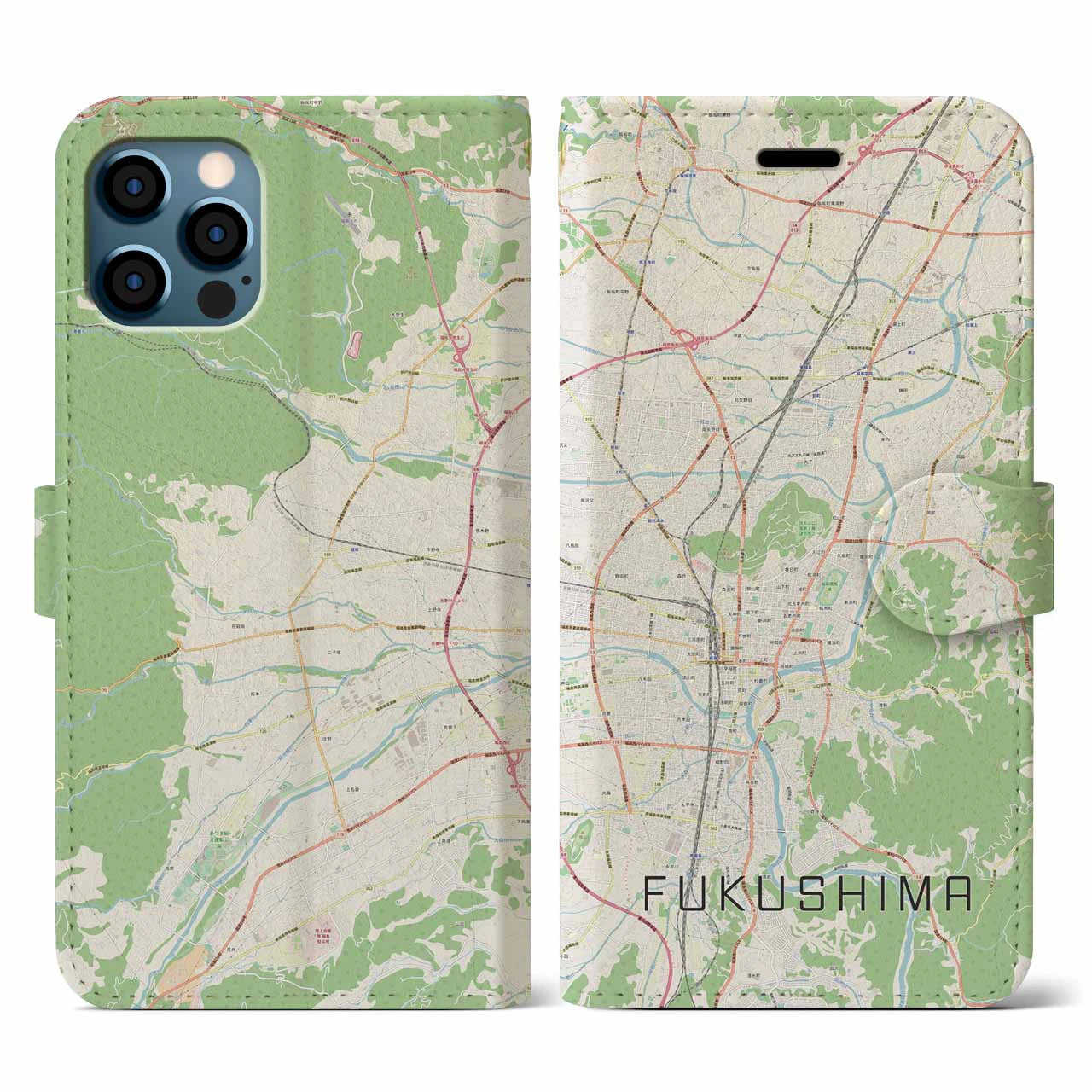 【福島】地図柄iPhoneケース（手帳両面タイプ・ナチュラル）iPhone 12 / 12 Pro 用
