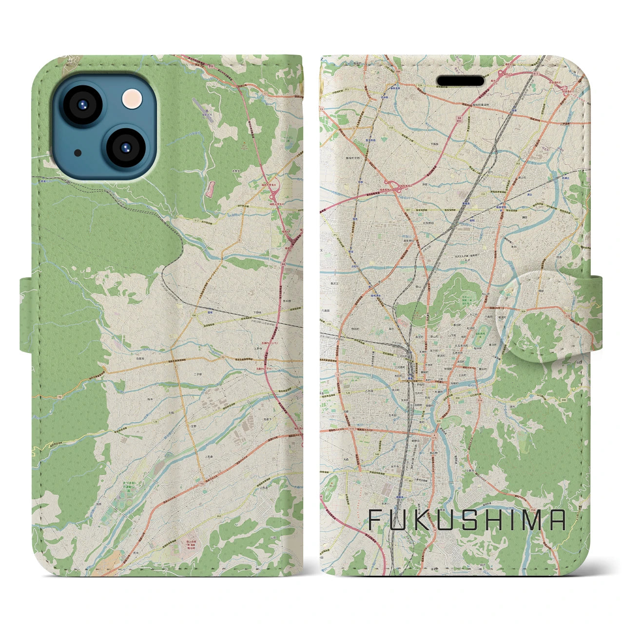 【福島】地図柄iPhoneケース（手帳両面タイプ・ナチュラル）iPhone 13 用