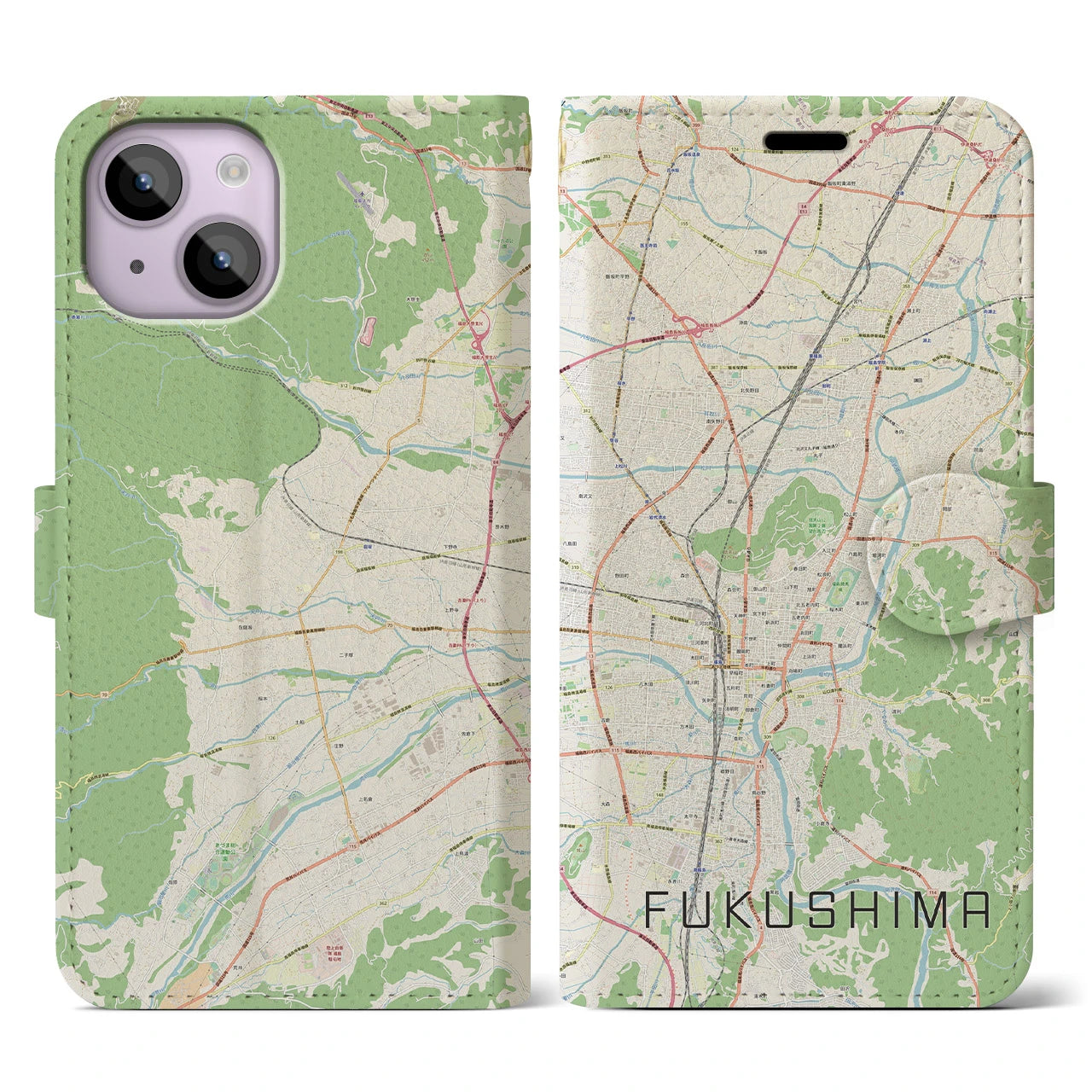 【福島】地図柄iPhoneケース（手帳両面タイプ・ナチュラル）iPhone 14 用