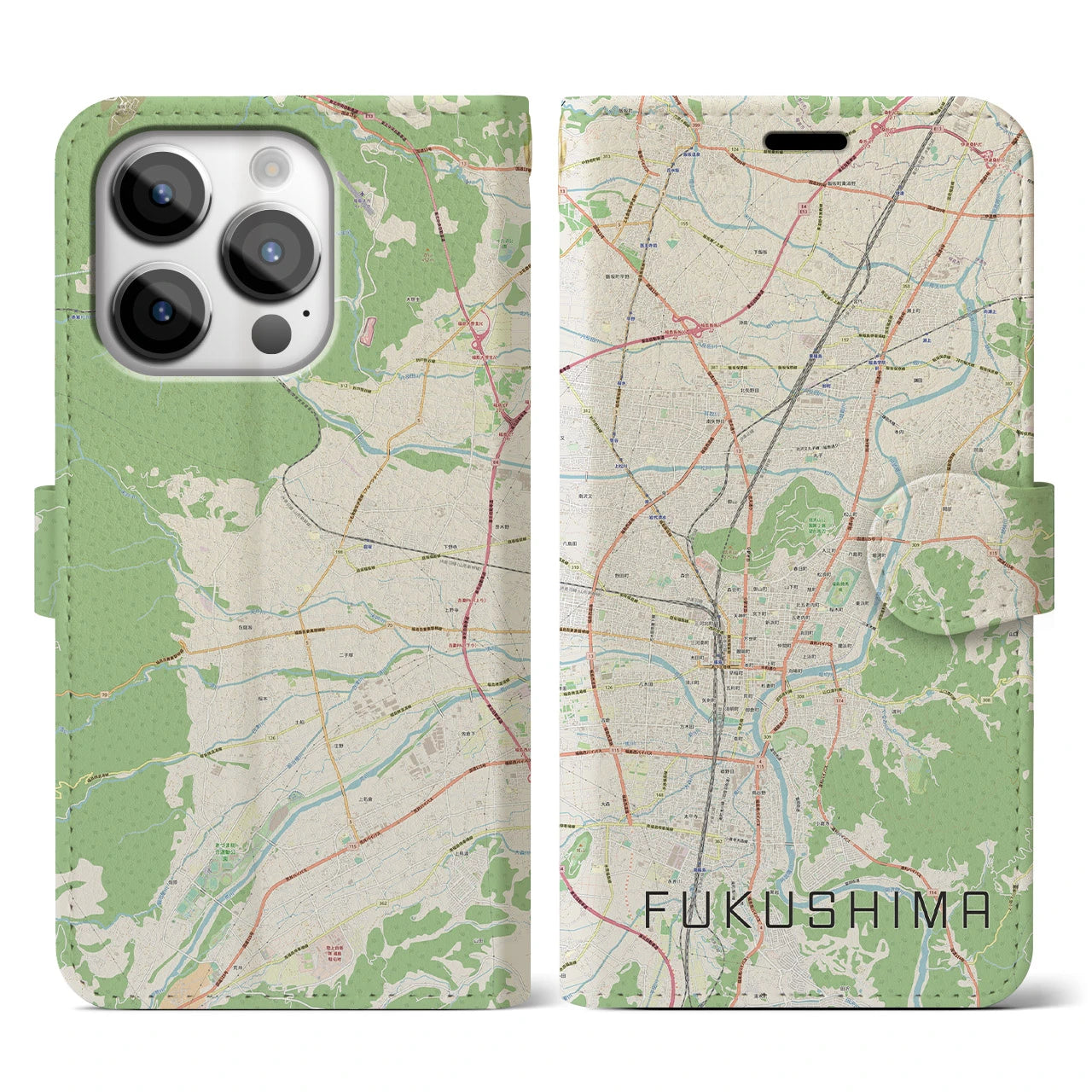 【福島】地図柄iPhoneケース（手帳両面タイプ・ナチュラル）iPhone 14 Pro 用