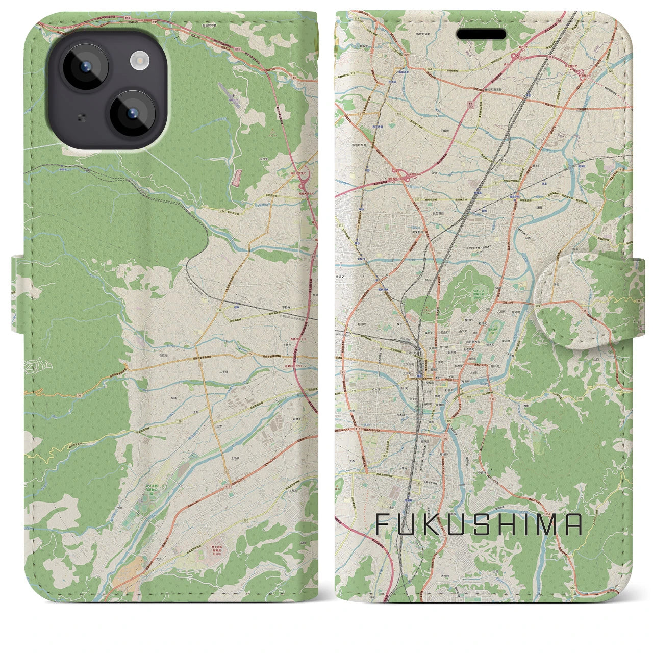 【福島】地図柄iPhoneケース（手帳両面タイプ・ナチュラル）iPhone 14 Plus 用