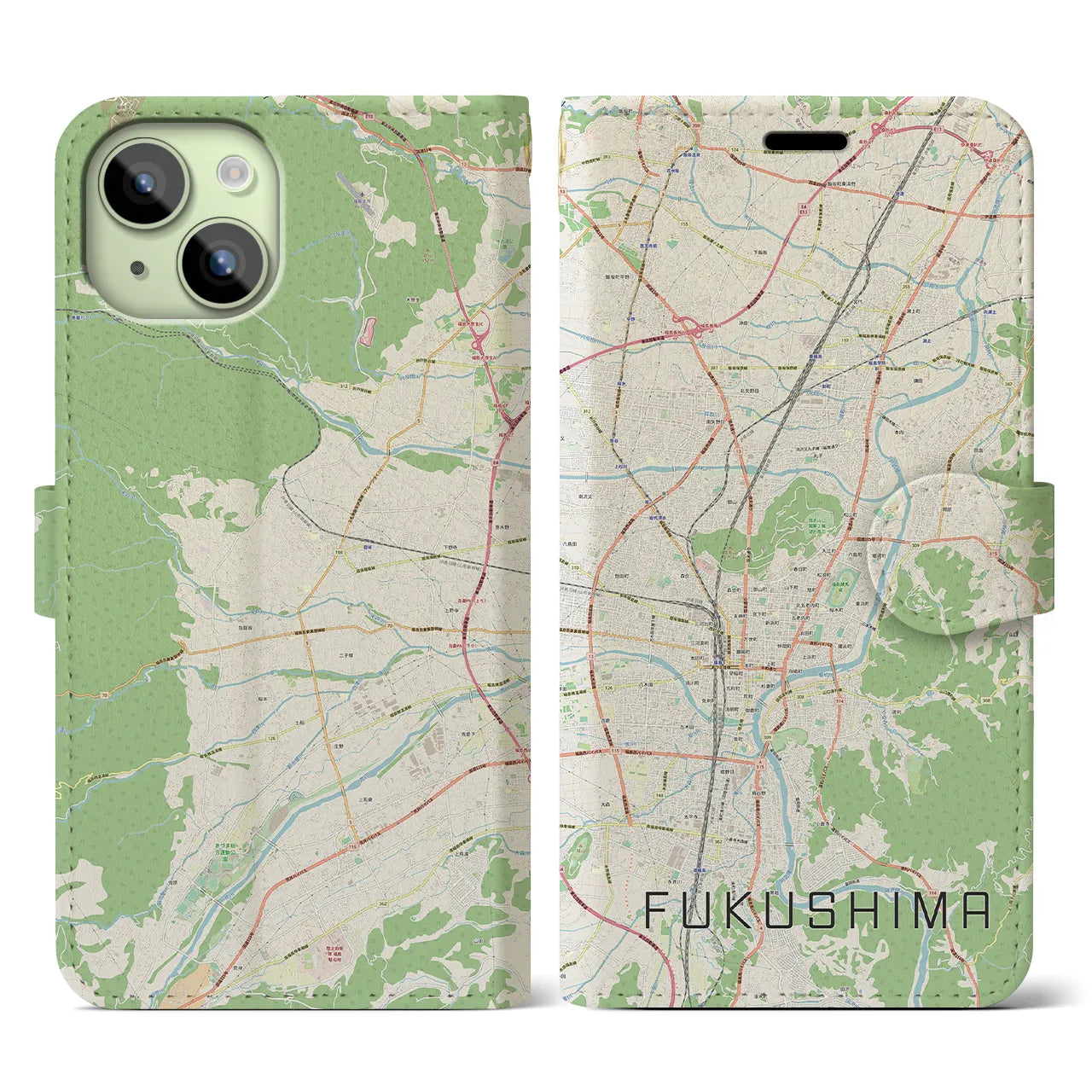 【福島】地図柄iPhoneケース（手帳両面タイプ・ナチュラル）iPhone 15 用