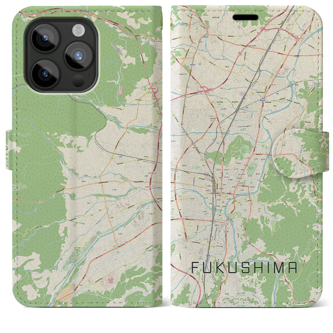 【福島】地図柄iPhoneケース（手帳両面タイプ・ナチュラル）iPhone 15 Pro Max 用