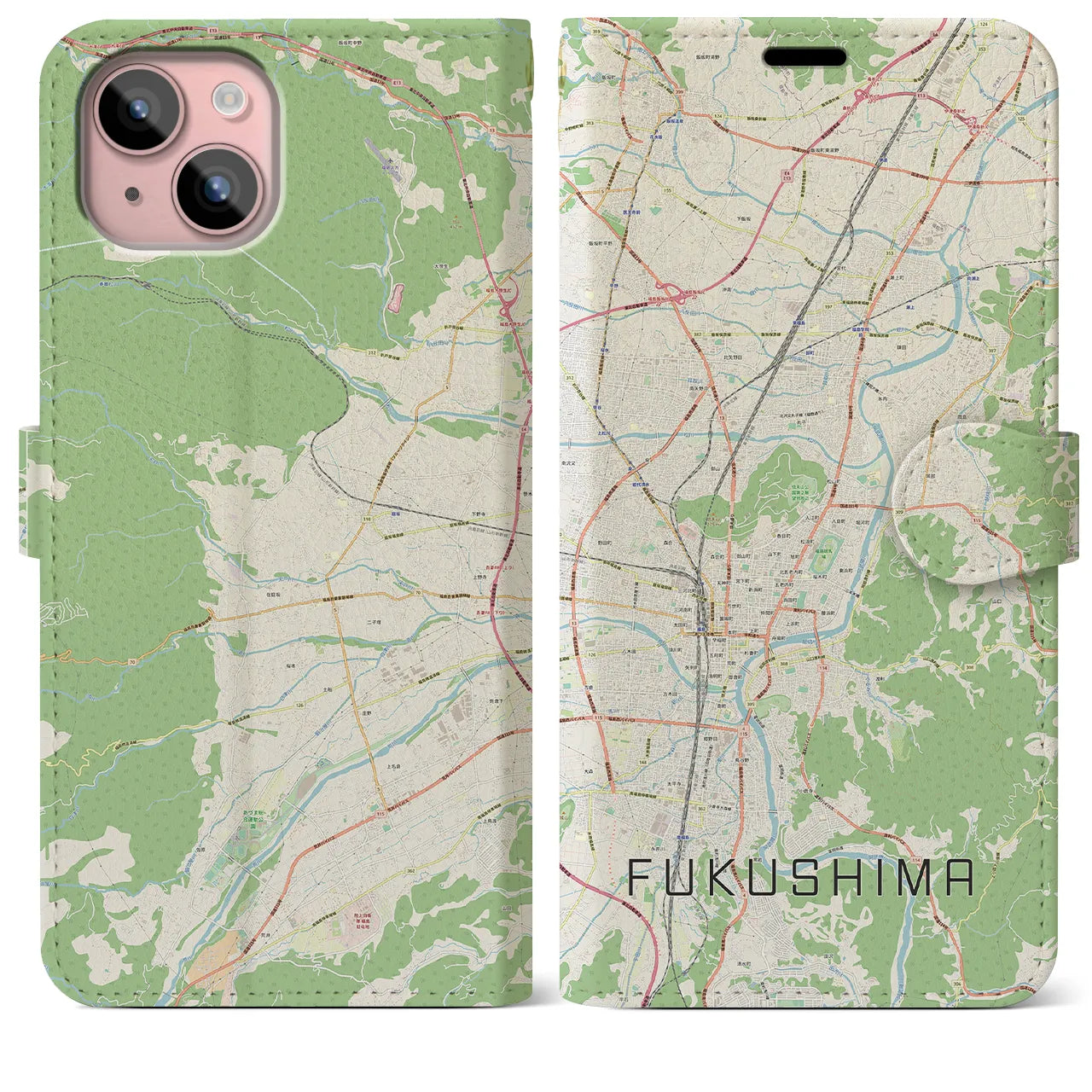 【福島】地図柄iPhoneケース（手帳両面タイプ・ナチュラル）iPhone 15 Plus 用