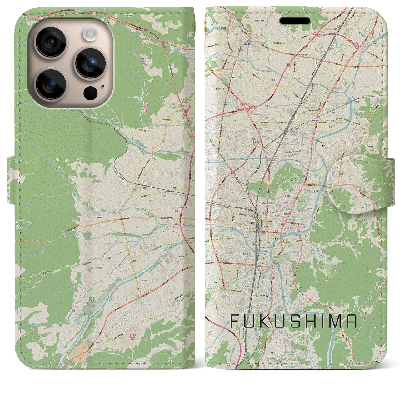 【福島（福島県）】地図柄iPhoneケース（手帳タイプ）ナチュラル・iPhone 16 Plus 用