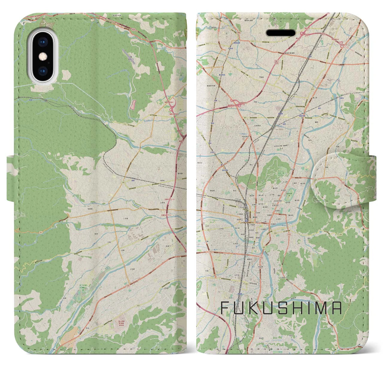 【福島】地図柄iPhoneケース（手帳両面タイプ・ナチュラル）iPhone XS Max 用
