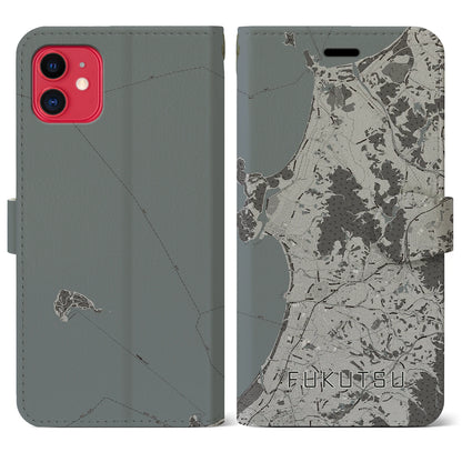 【福津（福岡県）】地図柄iPhoneケース（手帳タイプ）モノトーン・iPhone 11 用