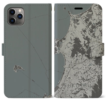 【福津（福岡県）】地図柄iPhoneケース（手帳タイプ）モノトーン・iPhone 11 Pro Max 用