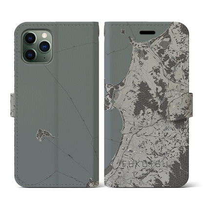 【福津（福岡県）】地図柄iPhoneケース（手帳タイプ）モノトーン・iPhone 11 Pro 用