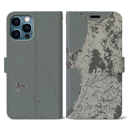 【福津（福岡県）】地図柄iPhoneケース（手帳タイプ）モノトーン・iPhone 12 / 12 Pro 用