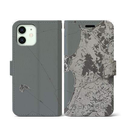 【福津（福岡県）】地図柄iPhoneケース（手帳タイプ）モノトーン・iPhone 12 mini 用