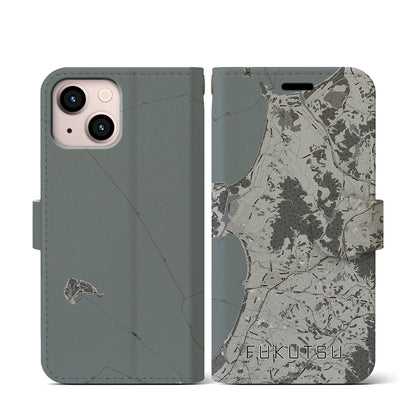 【福津（福岡県）】地図柄iPhoneケース（手帳タイプ）モノトーン・iPhone 13 mini 用