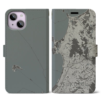 【福津（福岡県）】地図柄iPhoneケース（手帳タイプ）モノトーン・iPhone 14 用