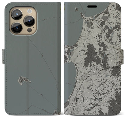【福津（福岡県）】地図柄iPhoneケース（手帳タイプ）モノトーン・iPhone 14 Pro Max 用