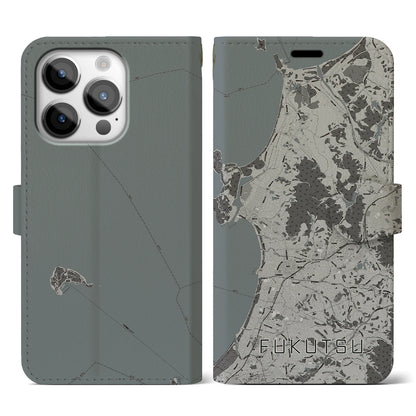 【福津（福岡県）】地図柄iPhoneケース（手帳タイプ）モノトーン・iPhone 14 Pro 用