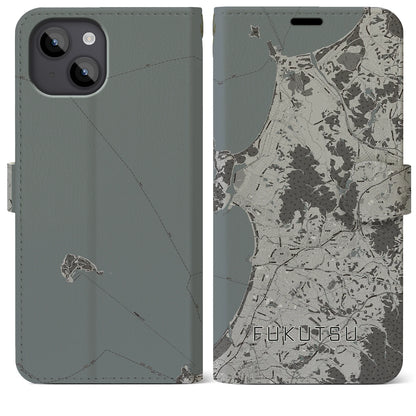 【福津（福岡県）】地図柄iPhoneケース（手帳タイプ）モノトーン・iPhone 14 Plus 用