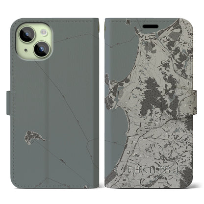 【福津（福岡県）】地図柄iPhoneケース（手帳タイプ）モノトーン・iPhone 15 用