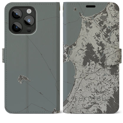 【福津（福岡県）】地図柄iPhoneケース（手帳タイプ）モノトーン・iPhone 15 Pro Max 用