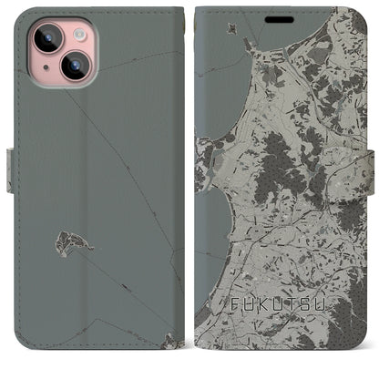 【福津（福岡県）】地図柄iPhoneケース（手帳タイプ）モノトーン・iPhone 15 Plus 用